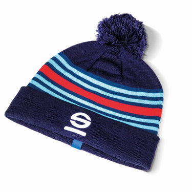 Sparco Martini Racing Beanie with navy blue knit, red and blue stripes, pom top, and white Sparco S logo on the cuff